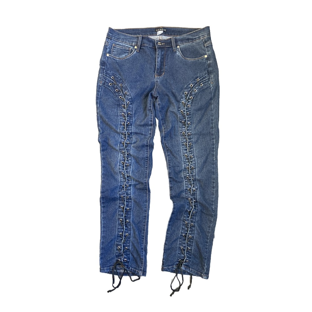 Venus Womens 12 Dark Wash Jeans  Criss-Cross Unique Design Stretch